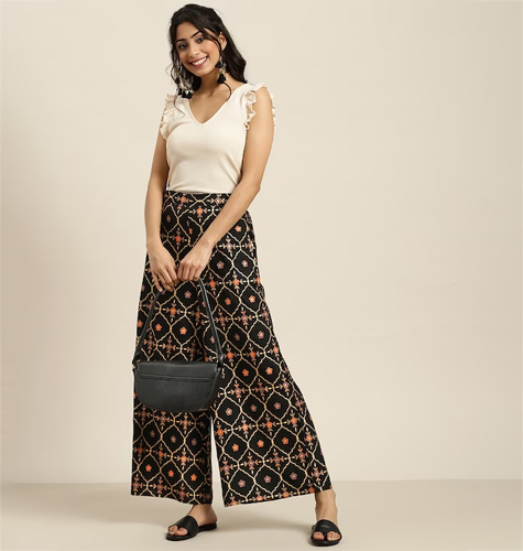 Women Black & Golden Ethnic Motifs Print Wide Leg Palazzos